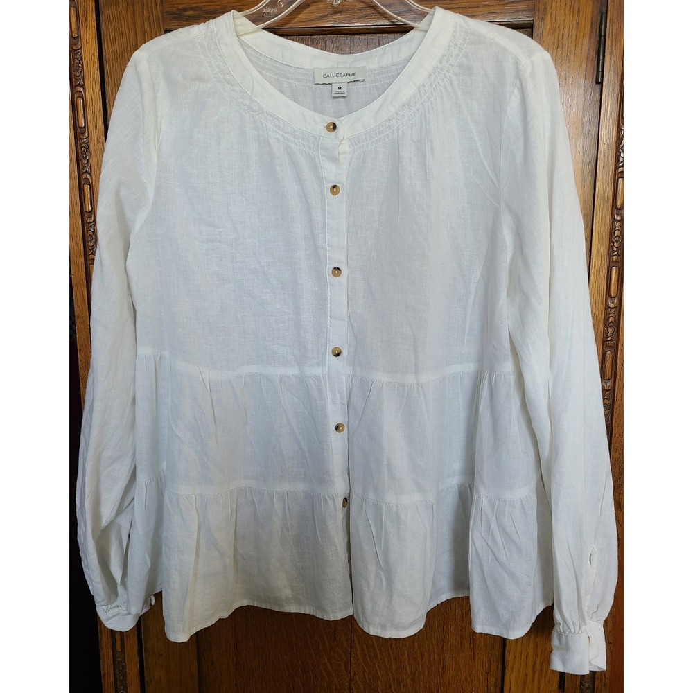 Calligraphie Women White Linen Blend Tiered Button Down Blouse Top SP24M-5741 M